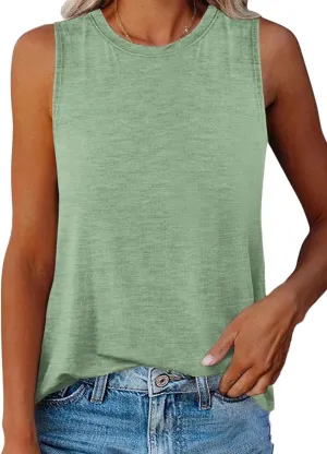 Women Crewneck Curved Hem Tank Tops Summer Casual Sleeveless Loose Fit Tunic Tops 2024