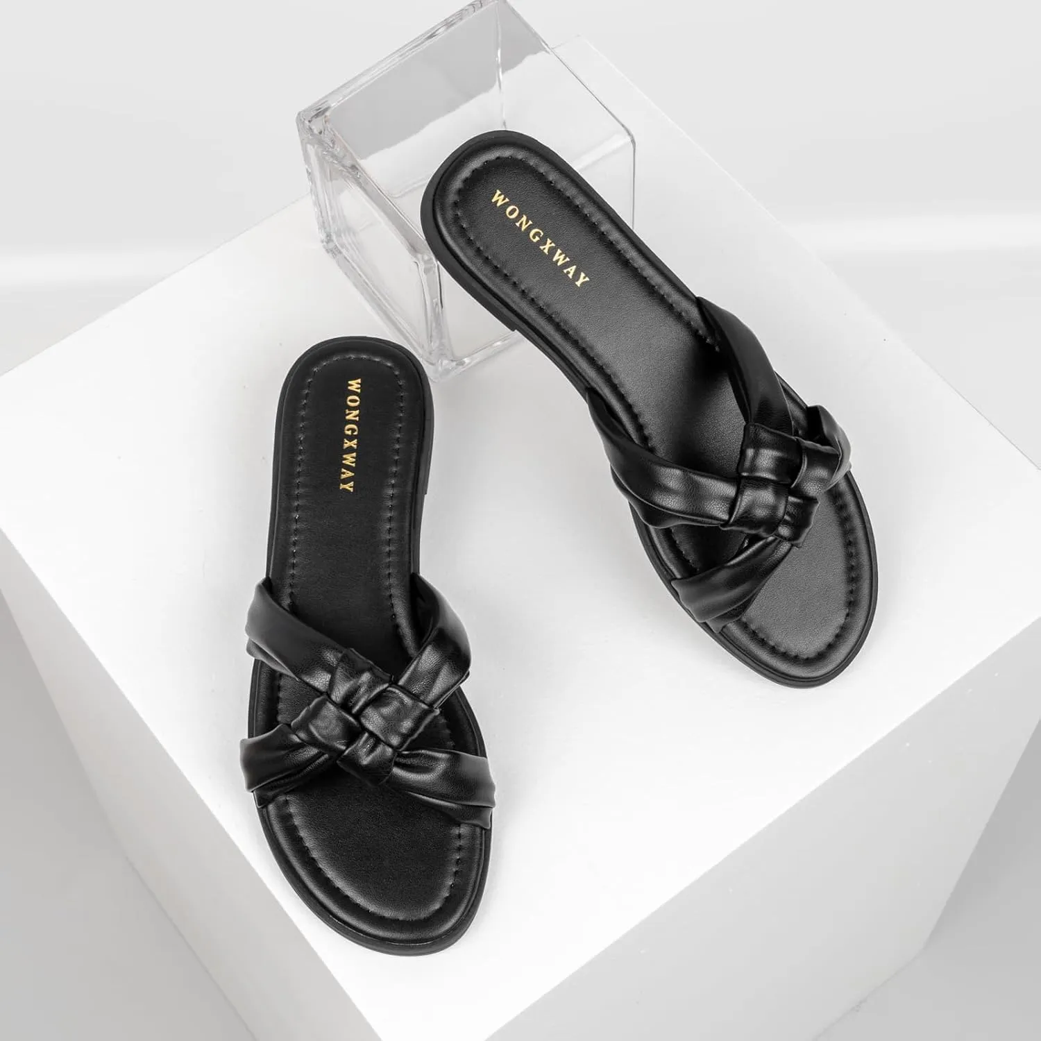 Women Dressy Sandals Strappy Knotted Slide Sandals Cute Comfy Open Toe Slip On Sandals