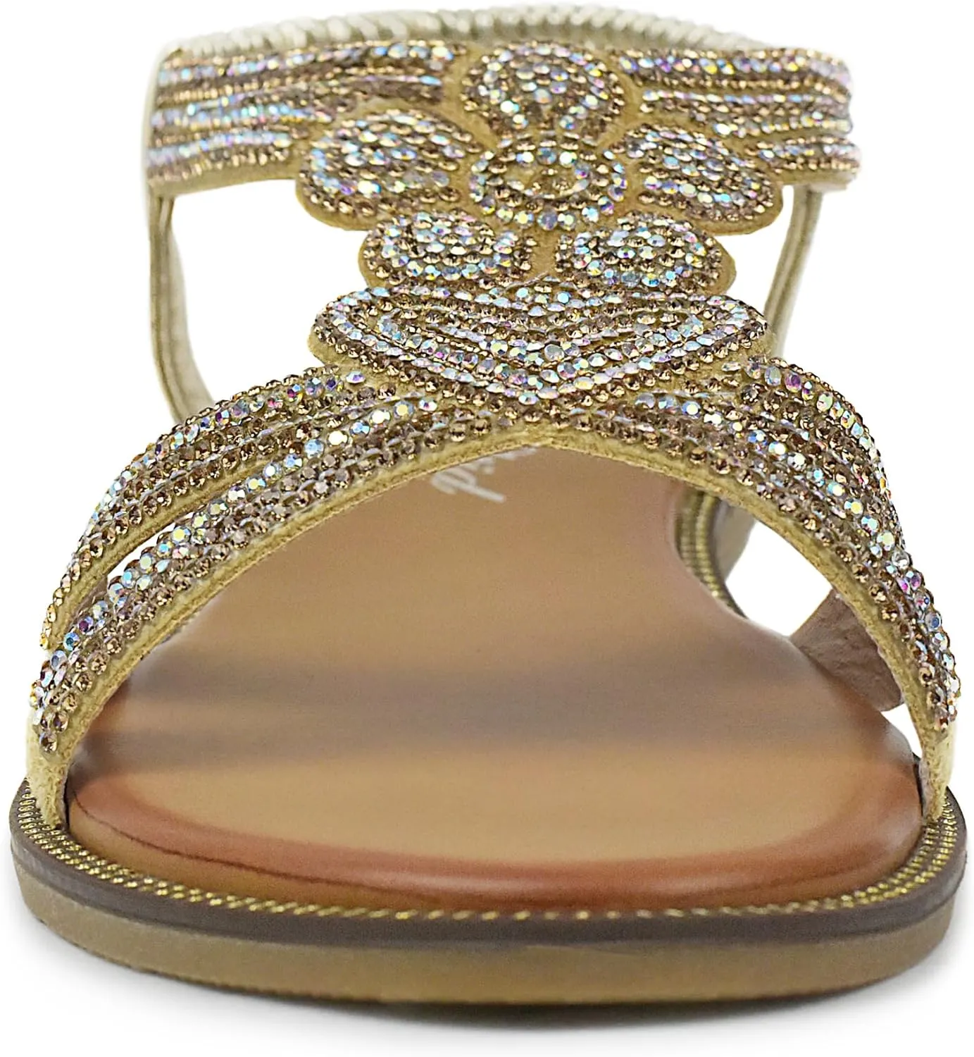 Women Open Toe Rhinestone Flat Sandals Elastic Ankle Strap Bohemian Dressy Sandals for Women