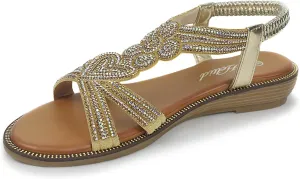 Women Open Toe Rhinestone Flat Sandals Elastic Ankle Strap Bohemian Dressy Sandals for Women