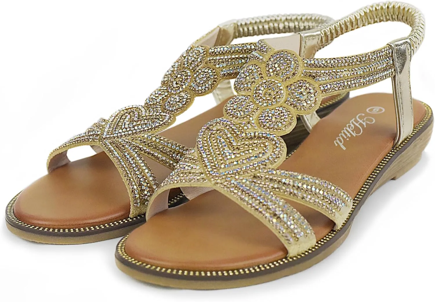 Women Open Toe Rhinestone Flat Sandals Elastic Ankle Strap Bohemian Dressy Sandals for Women