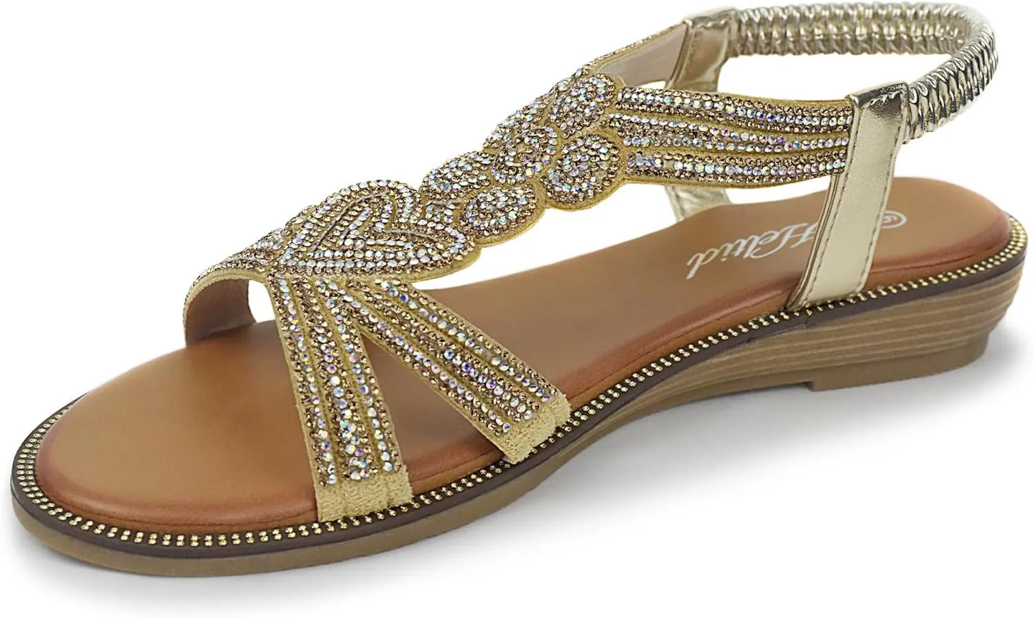 Women Open Toe Rhinestone Flat Sandals Elastic Ankle Strap Bohemian Dressy Sandals for Women