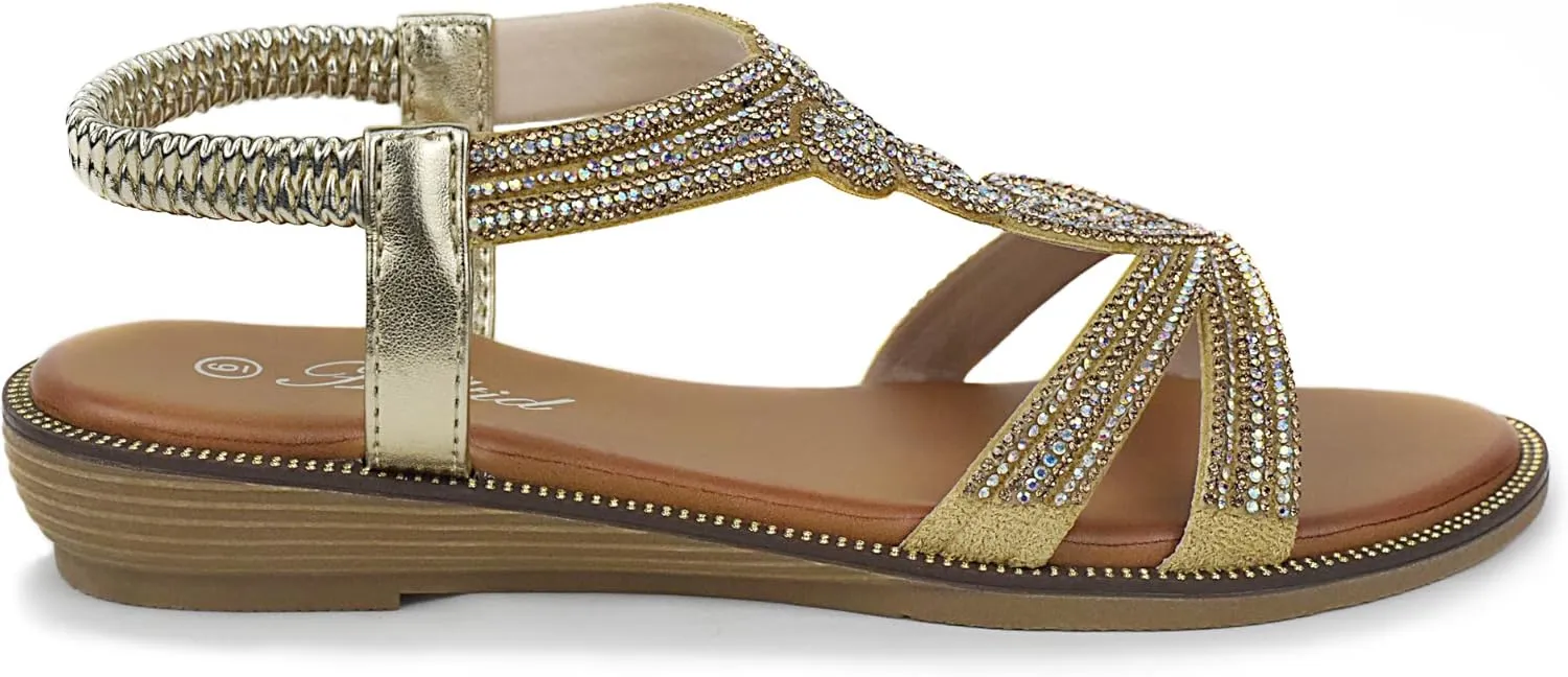 Women Open Toe Rhinestone Flat Sandals Elastic Ankle Strap Bohemian Dressy Sandals for Women