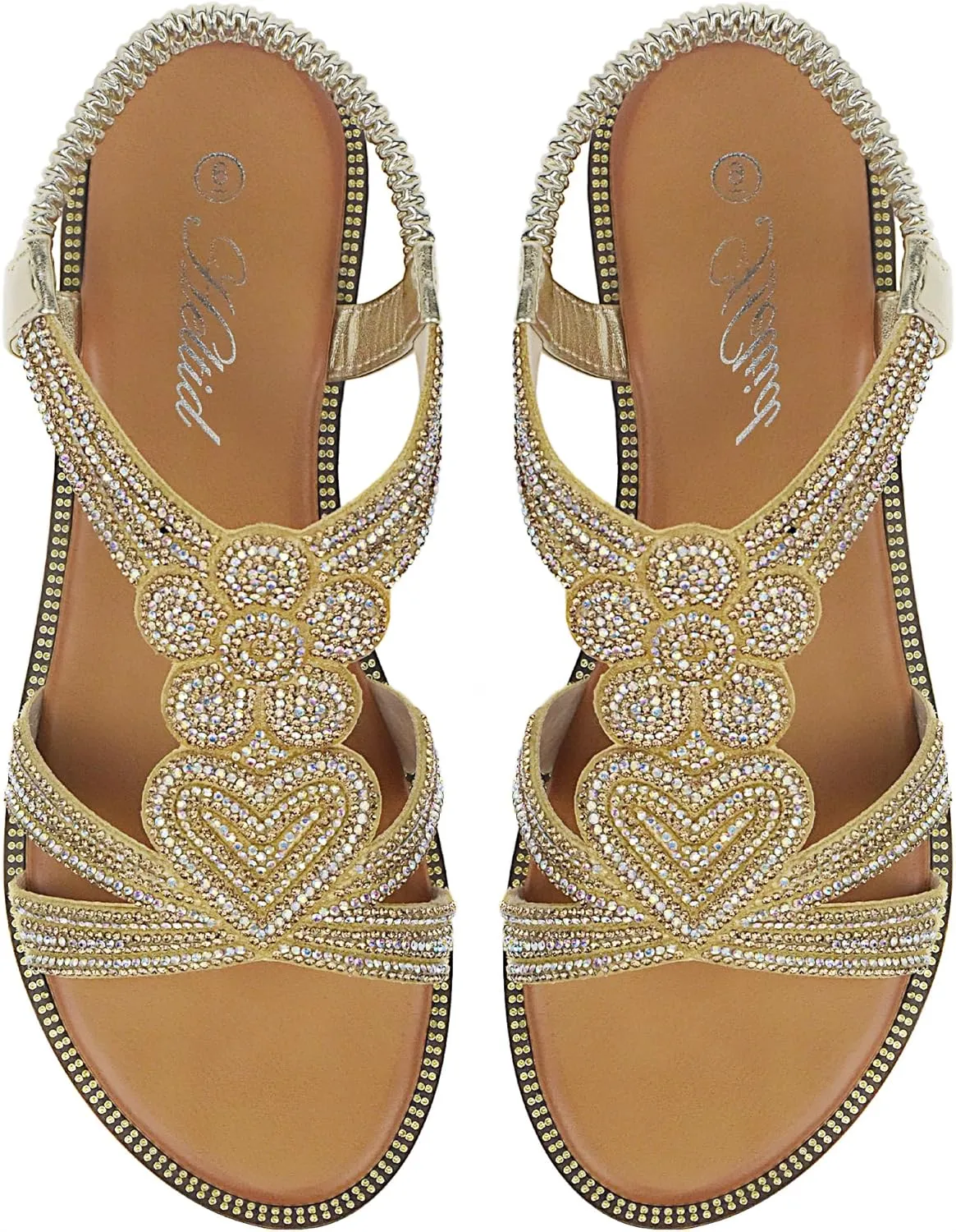 Women Open Toe Rhinestone Flat Sandals Elastic Ankle Strap Bohemian Dressy Sandals for Women