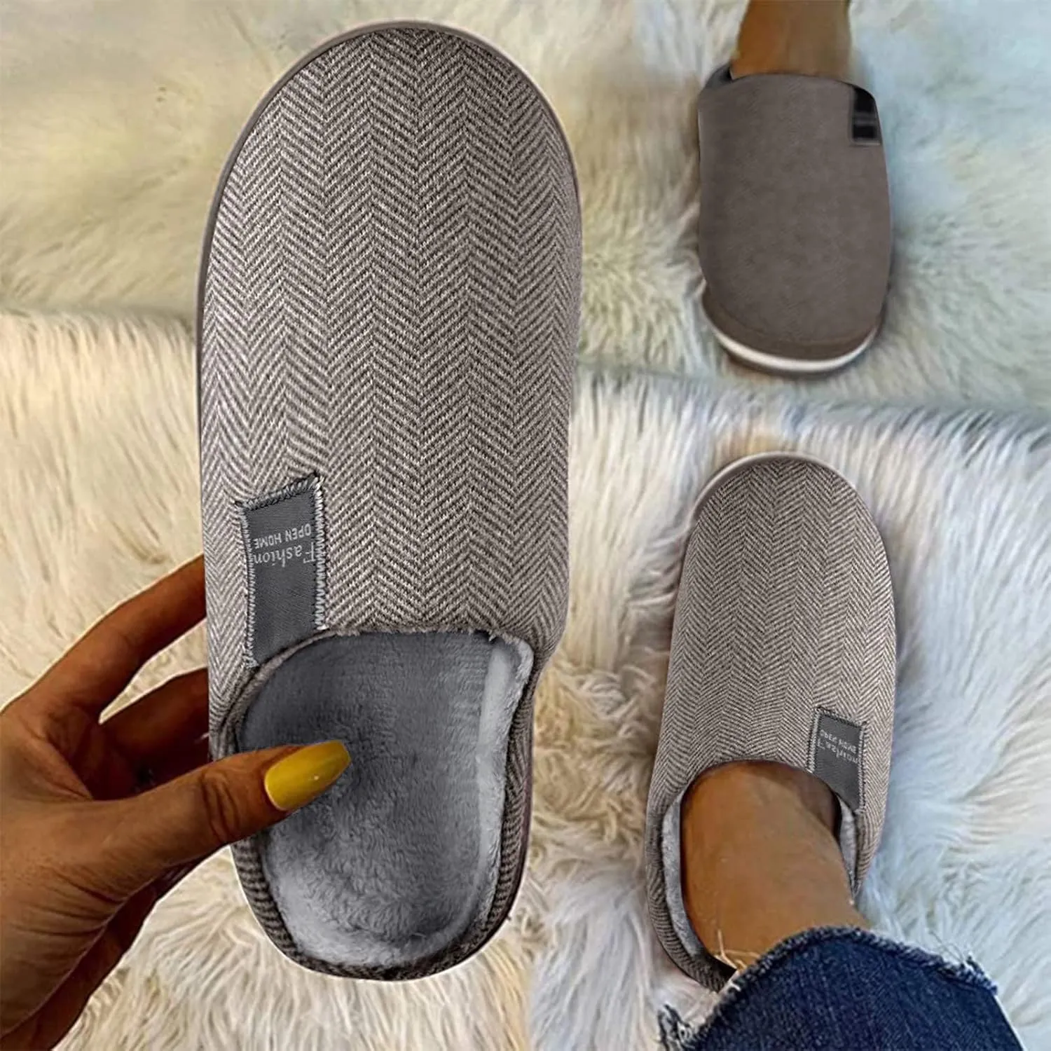 Women Outdoor Anti Skid Plush Slippers Slip On Cozy Warm Washable House Shoes Closed Toe Preppy Indoor Non-Slip Flat