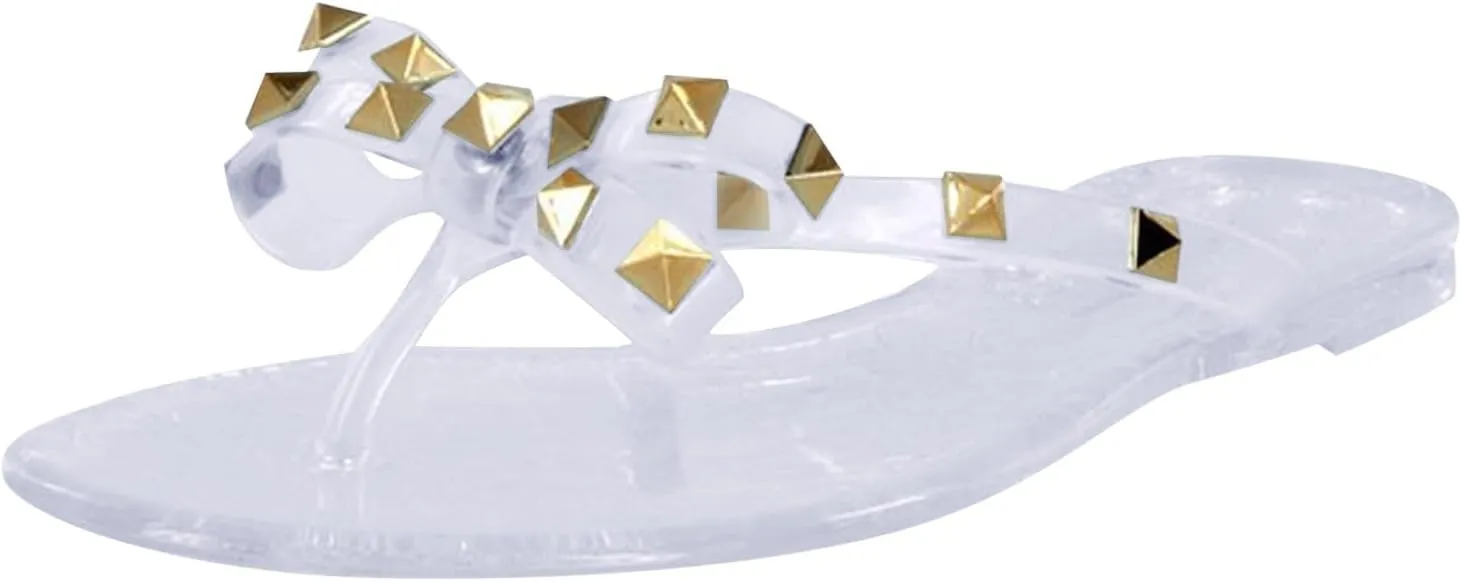 Women Rivet Flat Flip Flops Studded Jelly Thong Sandals with Bow Summer Bowtie Slip On Flat Beach Dressy Slides Fashion Dress Slipper