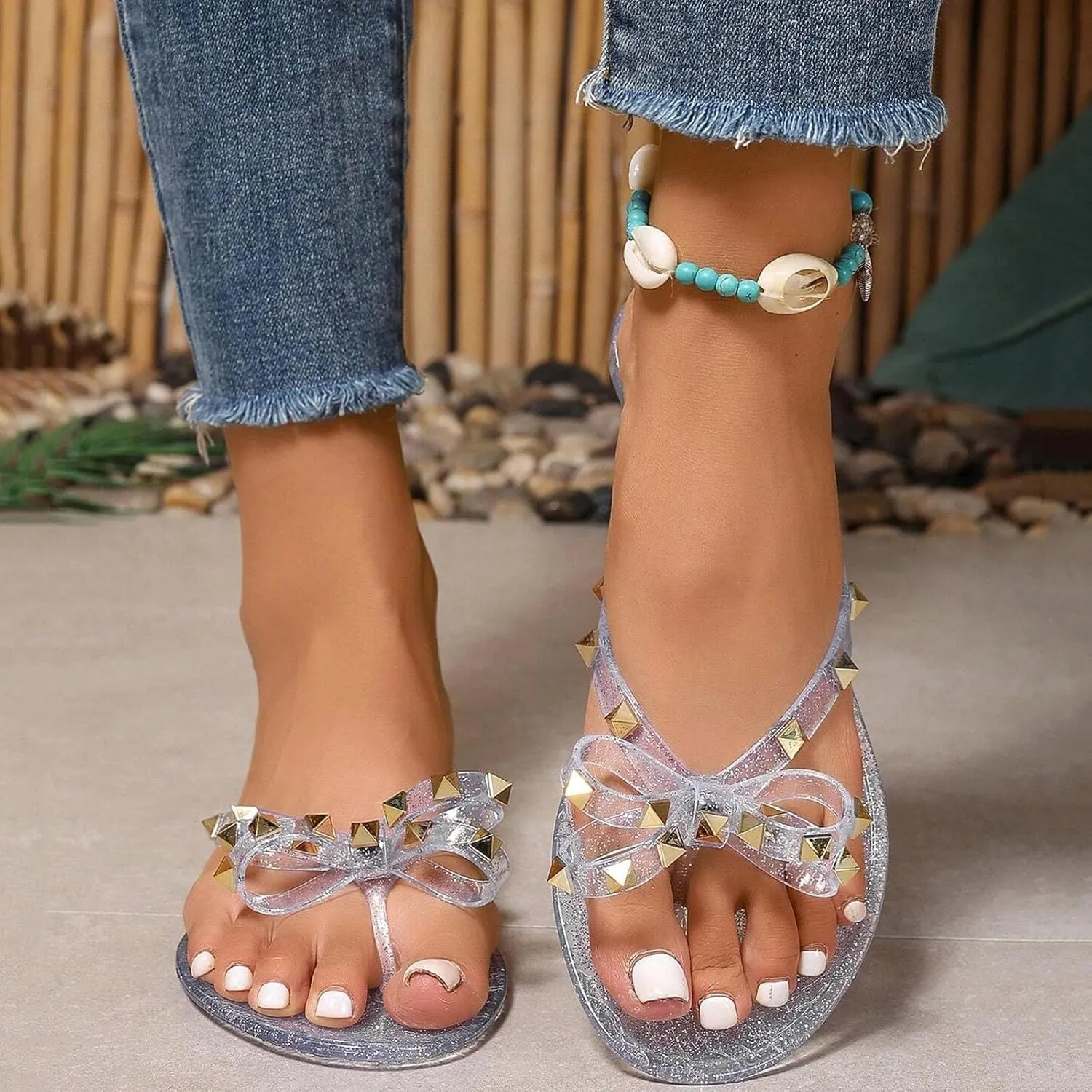 Women Rivet Flat Flip Flops Studded Jelly Thong Sandals with Bow Summer Bowtie Slip On Flat Beach Dressy Slides Fashion Dress Slipper