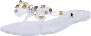 Women Rivet Flat Flip Flops Studded Jelly Thong Sandals with Bow Summer Bowtie Slip On Flat Beach Dressy Slides Fashion Dress Slipper