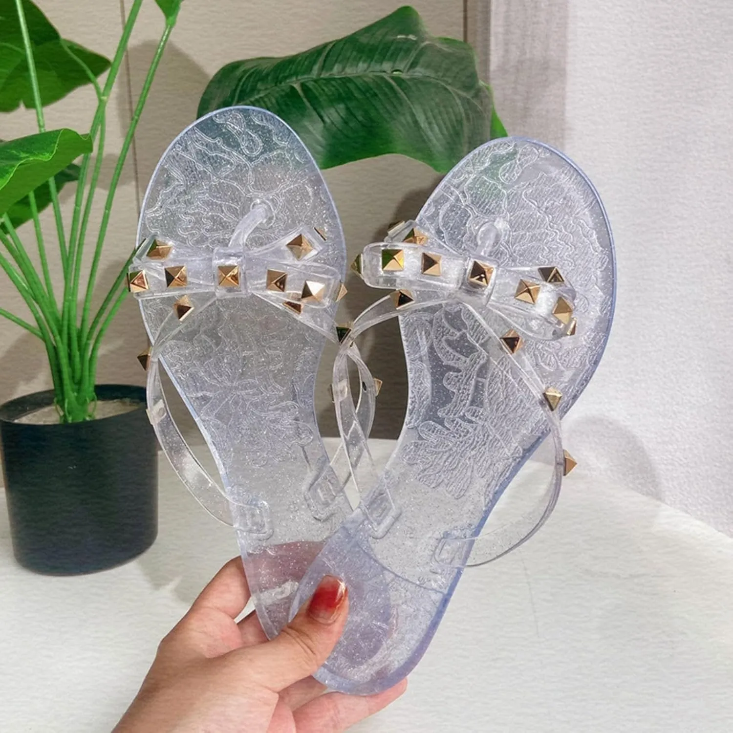 Women Rivet Flat Flip Flops Studded Jelly Thong Sandals with Bow Summer Bowtie Slip On Flat Beach Dressy Slides Fashion Dress Slipper