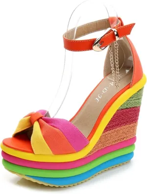 Women Straw Super High Heel Rainbow Sandals,Fish Mouth Wedge Roman Y2K Sandal,Adjustable Ankle Strap Espadrilles Platform Candy Color Party Dress Shoes