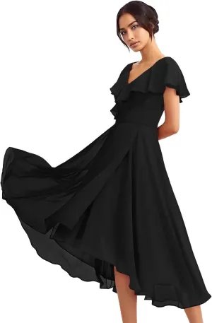 Women's Bridesmaid Dresses with Sleeves Ruffles Chiffon V Neck A Line High-Low Formal Gowns