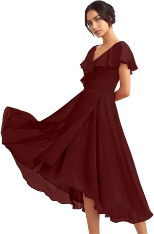 Women's Bridesmaid Dresses with Sleeves Ruffles Chiffon V Neck A Line High-Low Formal Gowns