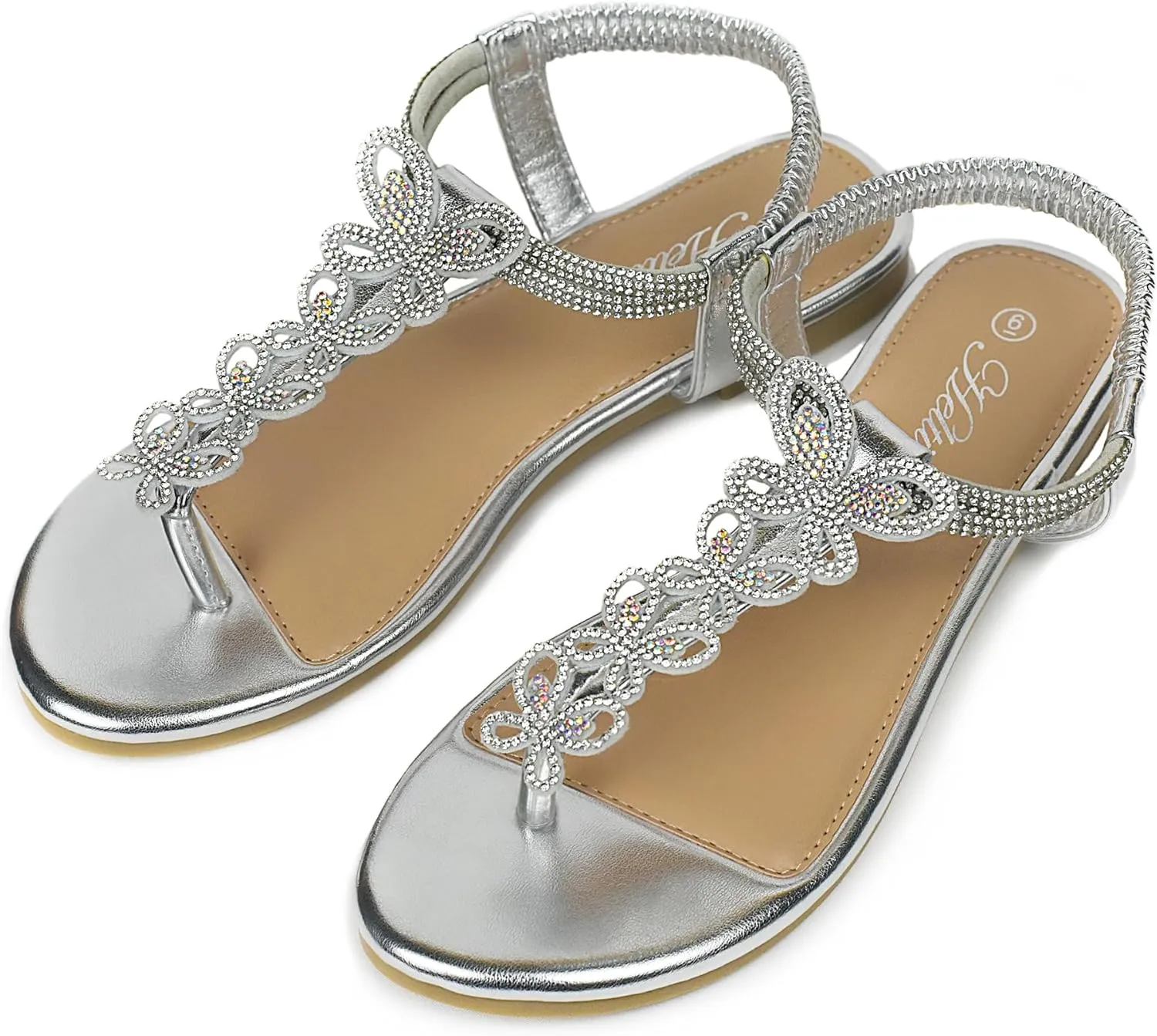 Women's Butterfly Thong Flat Sandals T-Strap Rhinestone Boho Wedding Dressy Sandals for Women