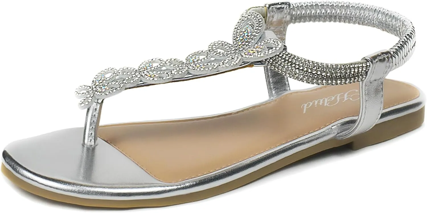 Women's Butterfly Thong Flat Sandals T-Strap Rhinestone Boho Wedding Dressy Sandals for Women