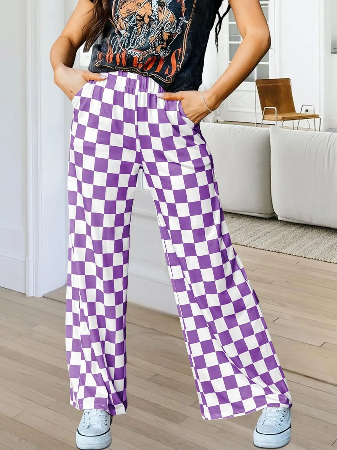 Womens Checkered Pants Y2K Pajama Pants Elastic Waist Wide Leg Lounge Pants Comfy Pj Bottoms with Pockets Loungewear