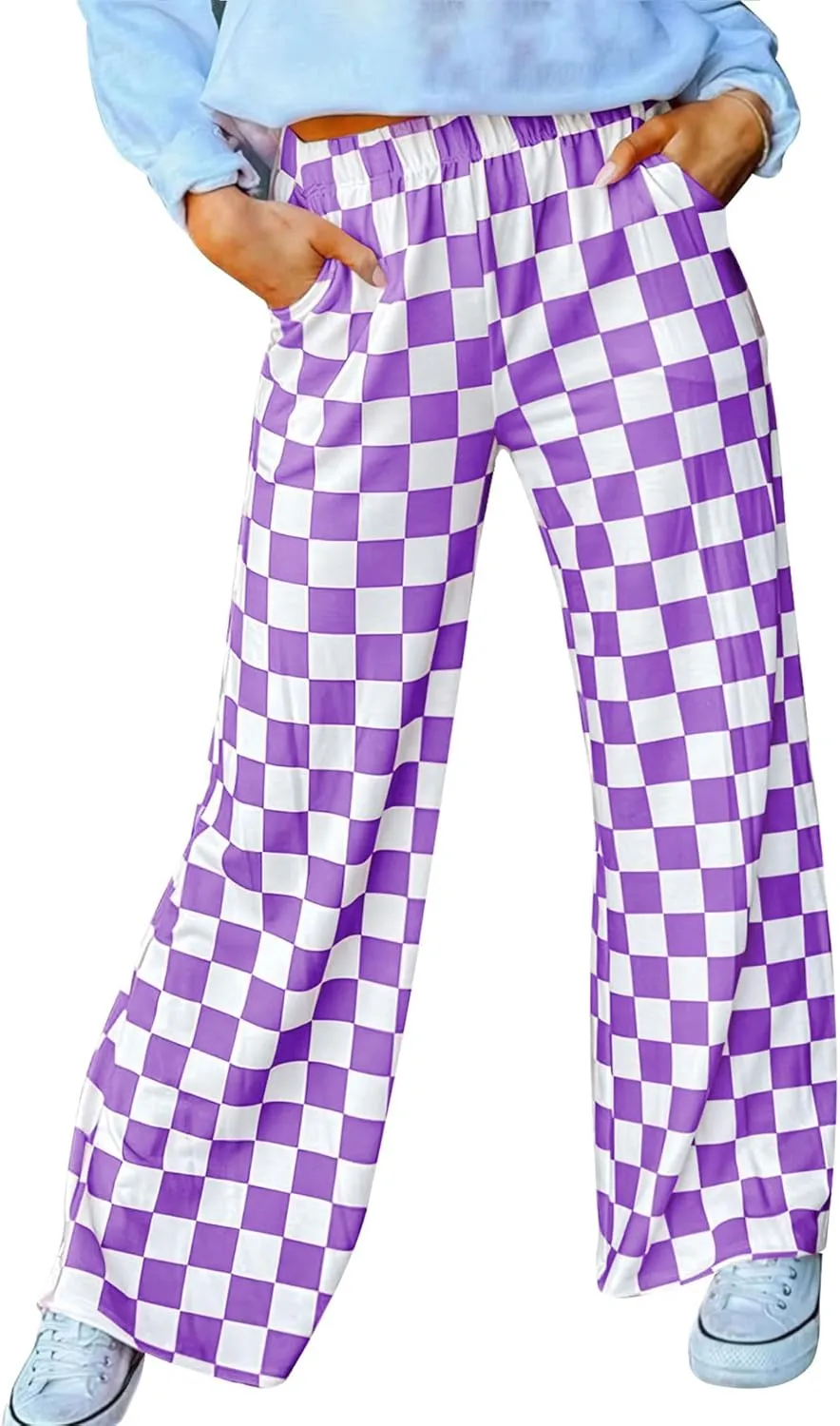 Womens Checkered Pants Y2K Pajama Pants Elastic Waist Wide Leg Lounge Pants Comfy Pj Bottoms with Pockets Loungewear