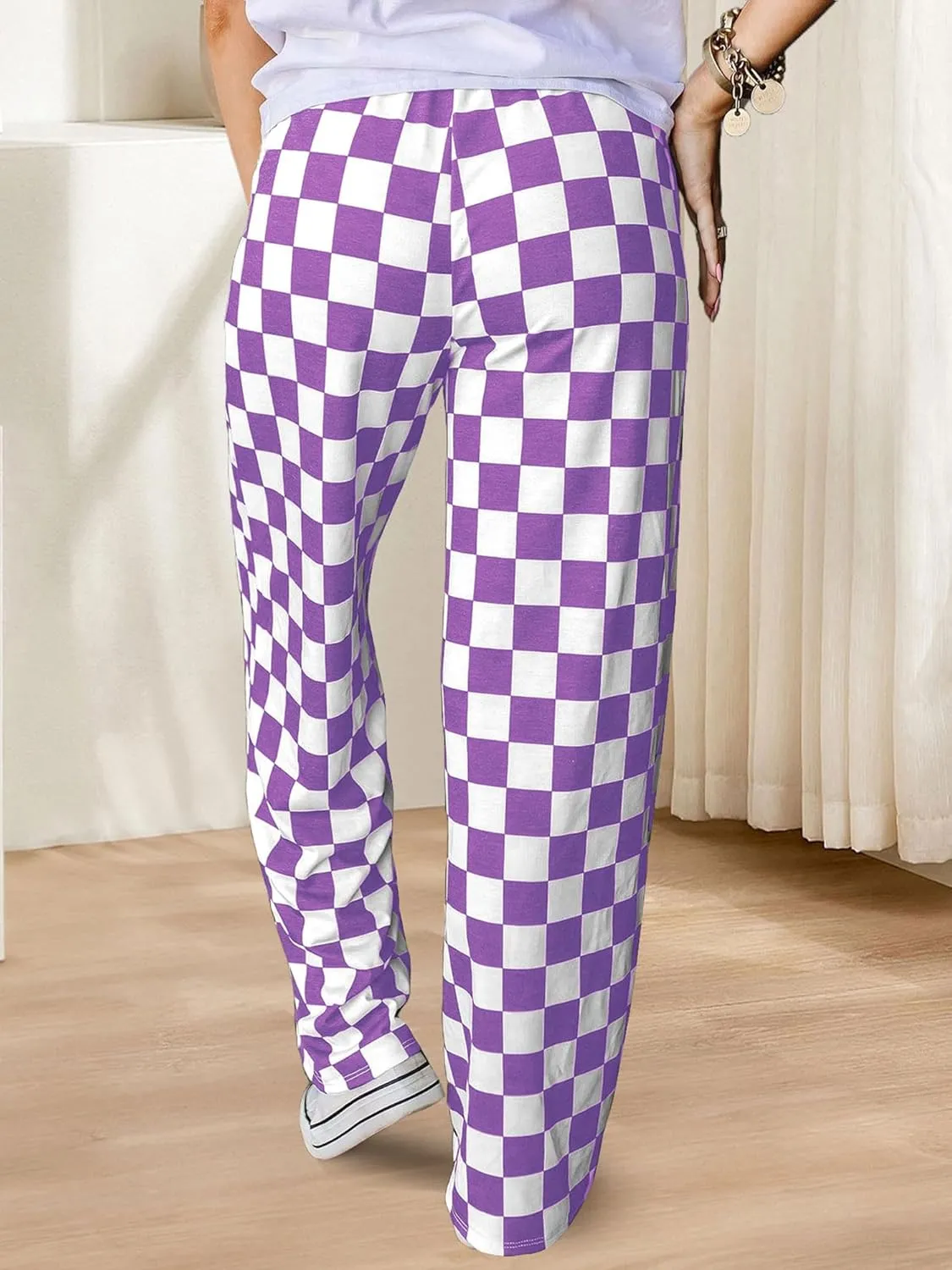 Womens Checkered Pants Y2K Pajama Pants Elastic Waist Wide Leg Lounge Pants Comfy Pj Bottoms with Pockets Loungewear