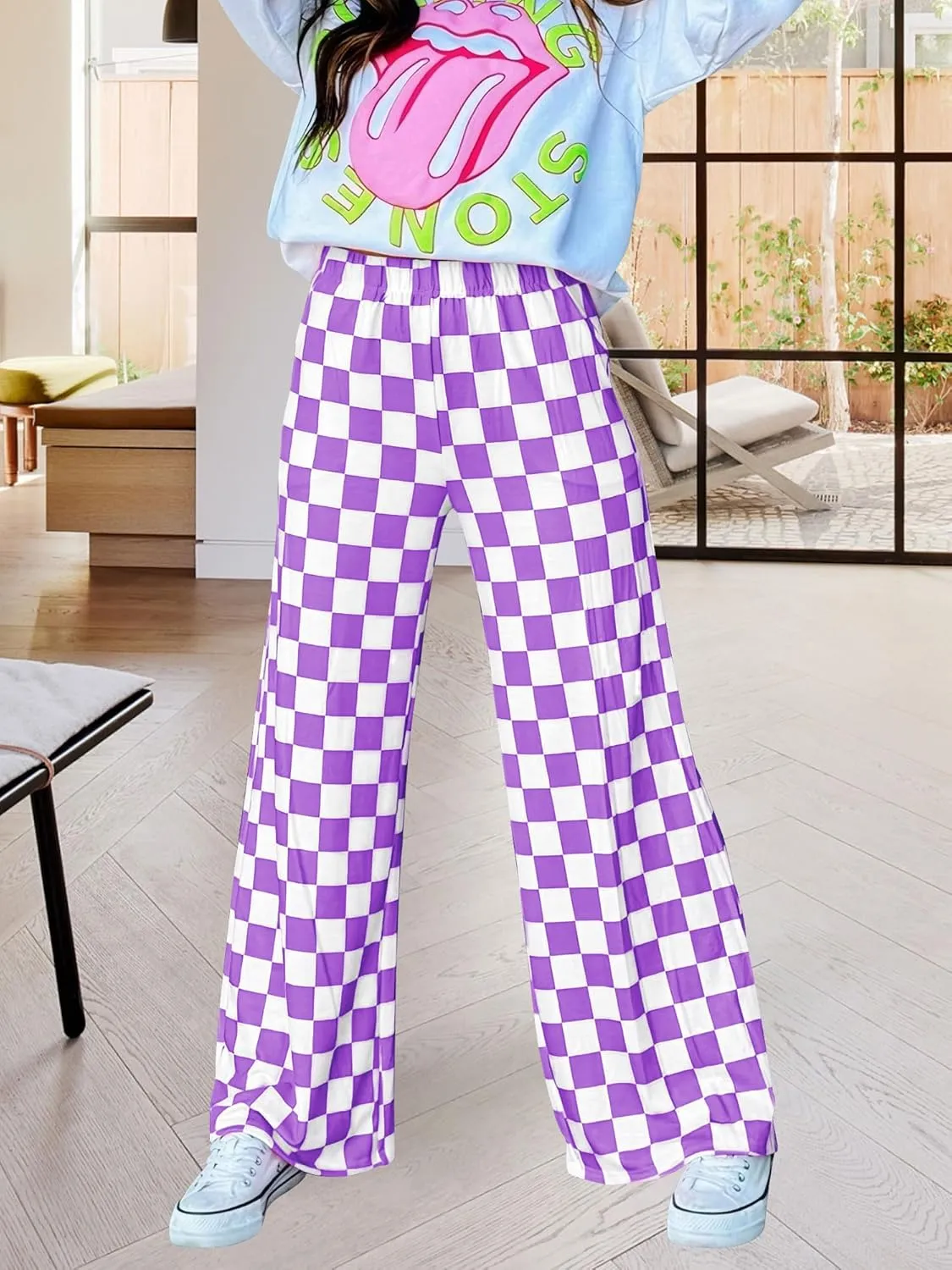Womens Checkered Pants Y2K Pajama Pants Elastic Waist Wide Leg Lounge Pants Comfy Pj Bottoms with Pockets Loungewear