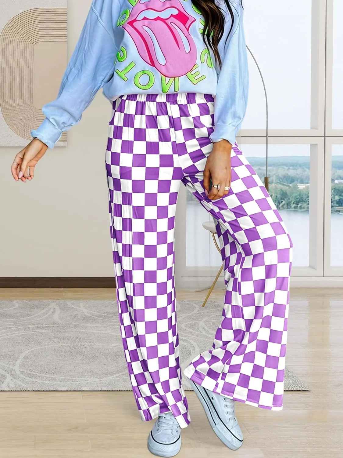 Womens Checkered Pants Y2K Pajama Pants Elastic Waist Wide Leg Lounge Pants Comfy Pj Bottoms with Pockets Loungewear