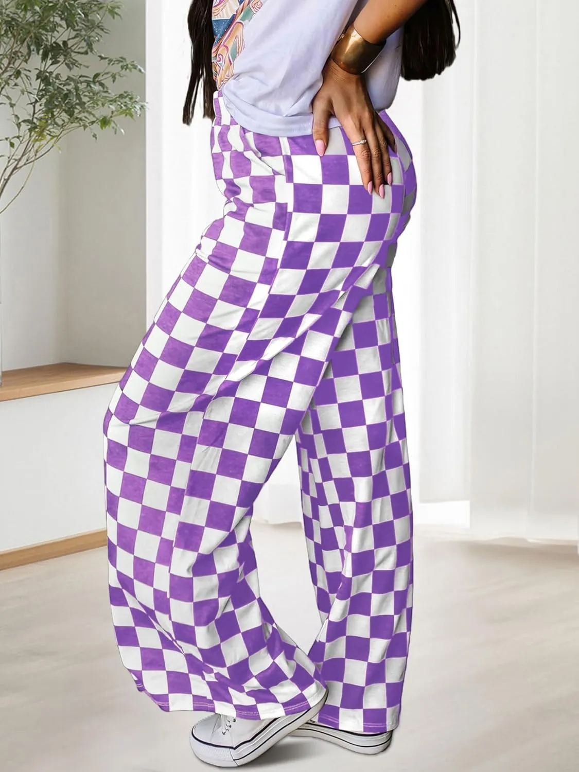 Womens Checkered Pants Y2K Pajama Pants Elastic Waist Wide Leg Lounge Pants Comfy Pj Bottoms with Pockets Loungewear