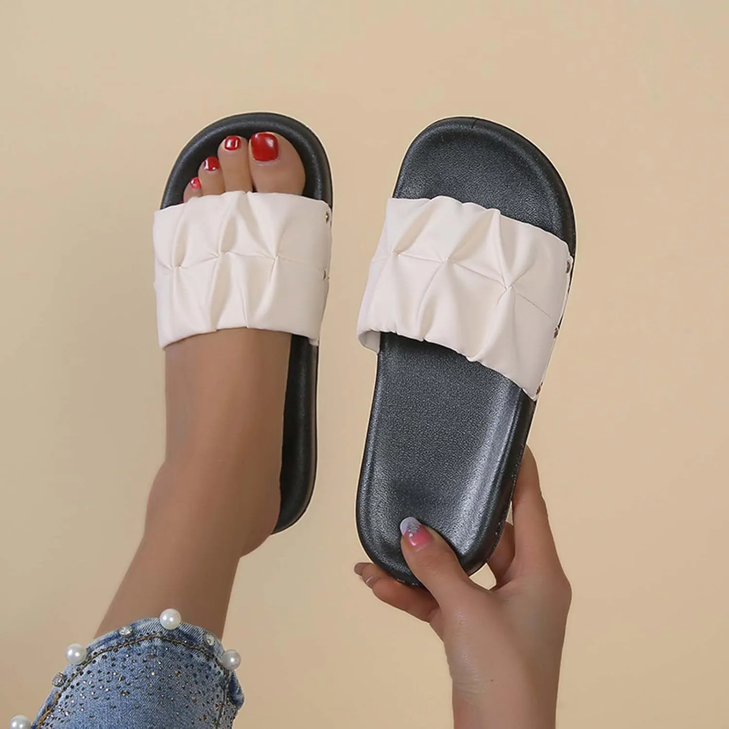 Women's Colorblock Ruched Flat Slipper Soft Anti-Slip Summer Sandals Casual Lounge SPA Slide Comfy Walking Sandal