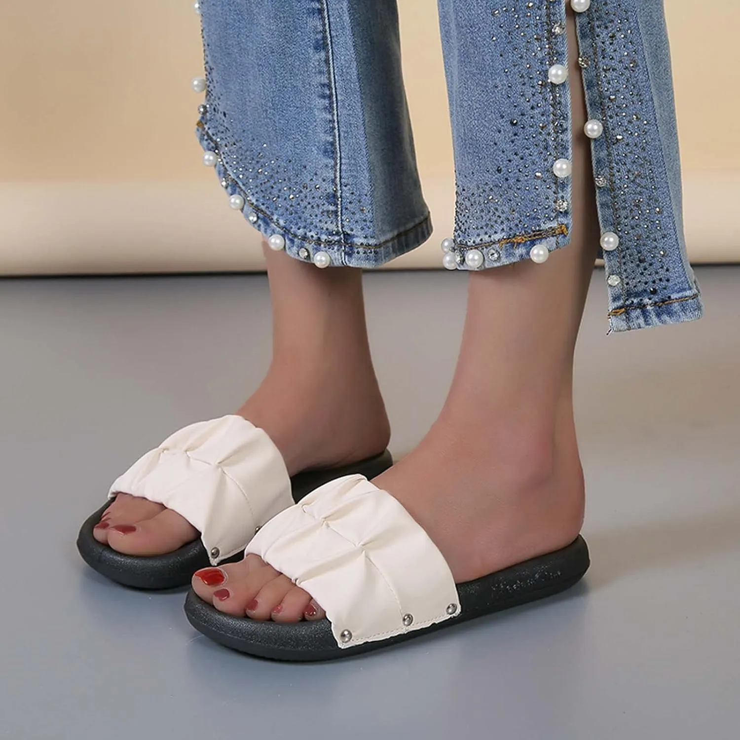 Women's Colorblock Ruched Flat Slipper Soft Anti-Slip Summer Sandals Casual Lounge SPA Slide Comfy Walking Sandal