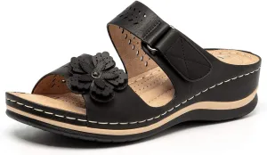 Women's Comfortable Platform Wedges Hook&Loop Adjustable Strappy Flower Black Sandals -Rhinestone Rivets Ladies Indoors Or Outdoors Comfortable Brown Slides For Women