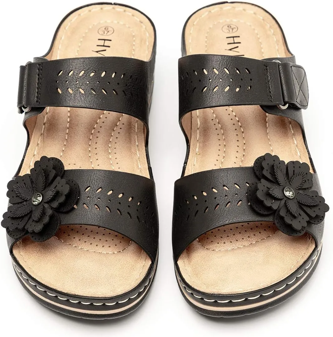 Women's Comfortable Platform Wedges Hook&Loop Adjustable Strappy Flower Black Sandals -Rhinestone Rivets Ladies Indoors Or Outdoors Comfortable Brown Slides For Women