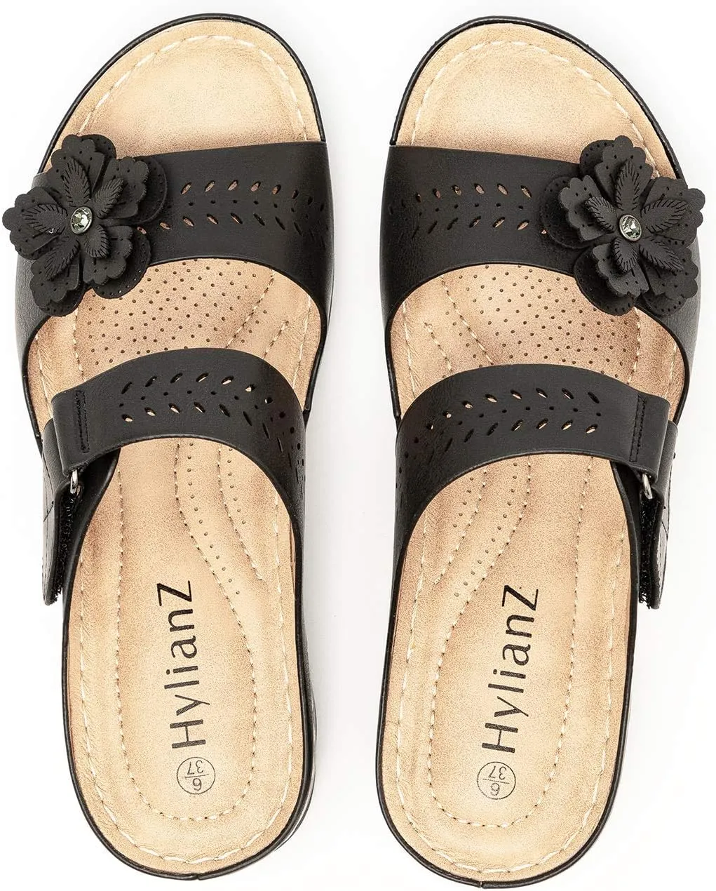 Women's Comfortable Platform Wedges Hook&Loop Adjustable Strappy Flower Black Sandals -Rhinestone Rivets Ladies Indoors Or Outdoors Comfortable Brown Slides For Women