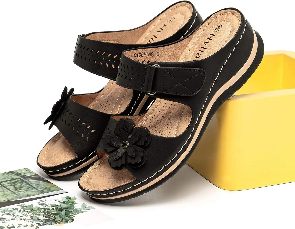 Women's Comfortable Platform Wedges Hook&Loop Adjustable Strappy Flower Black Sandals -Rhinestone Rivets Ladies Indoors Or Outdoors Comfortable Brown Slides For Women