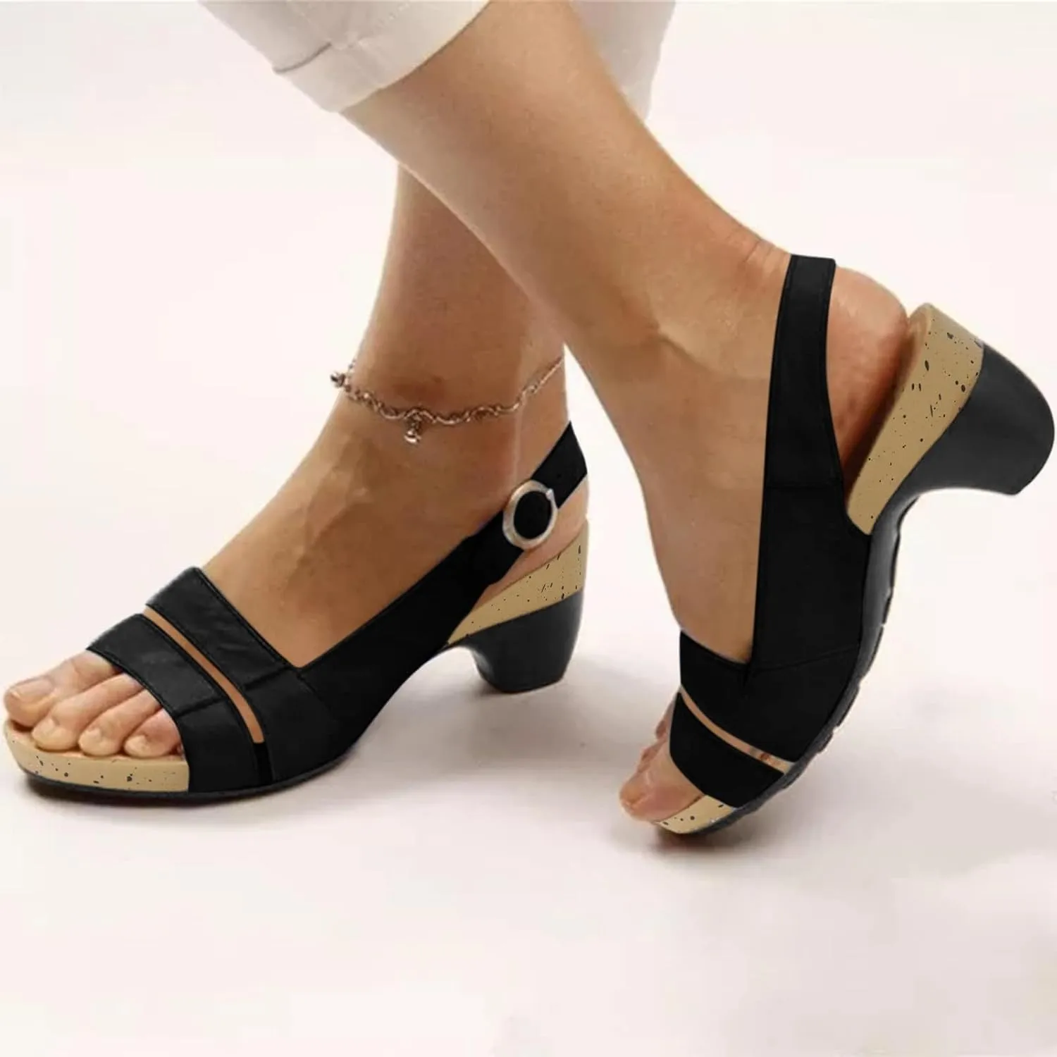 Women's Comfy Orthotic Sandals,Chunky Low Block Heels Orthowalkway Womens Sandals Comfortable Open Toe Wedges Supportive Wide Feet Sandal Summer Casual Walking Shoes Black,6.5