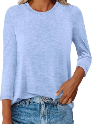Womens Crew Neck 3/4 Sleeve T Shirts Casual Curved Hem Tunic Tops Basic Loose Fit Tees 2025