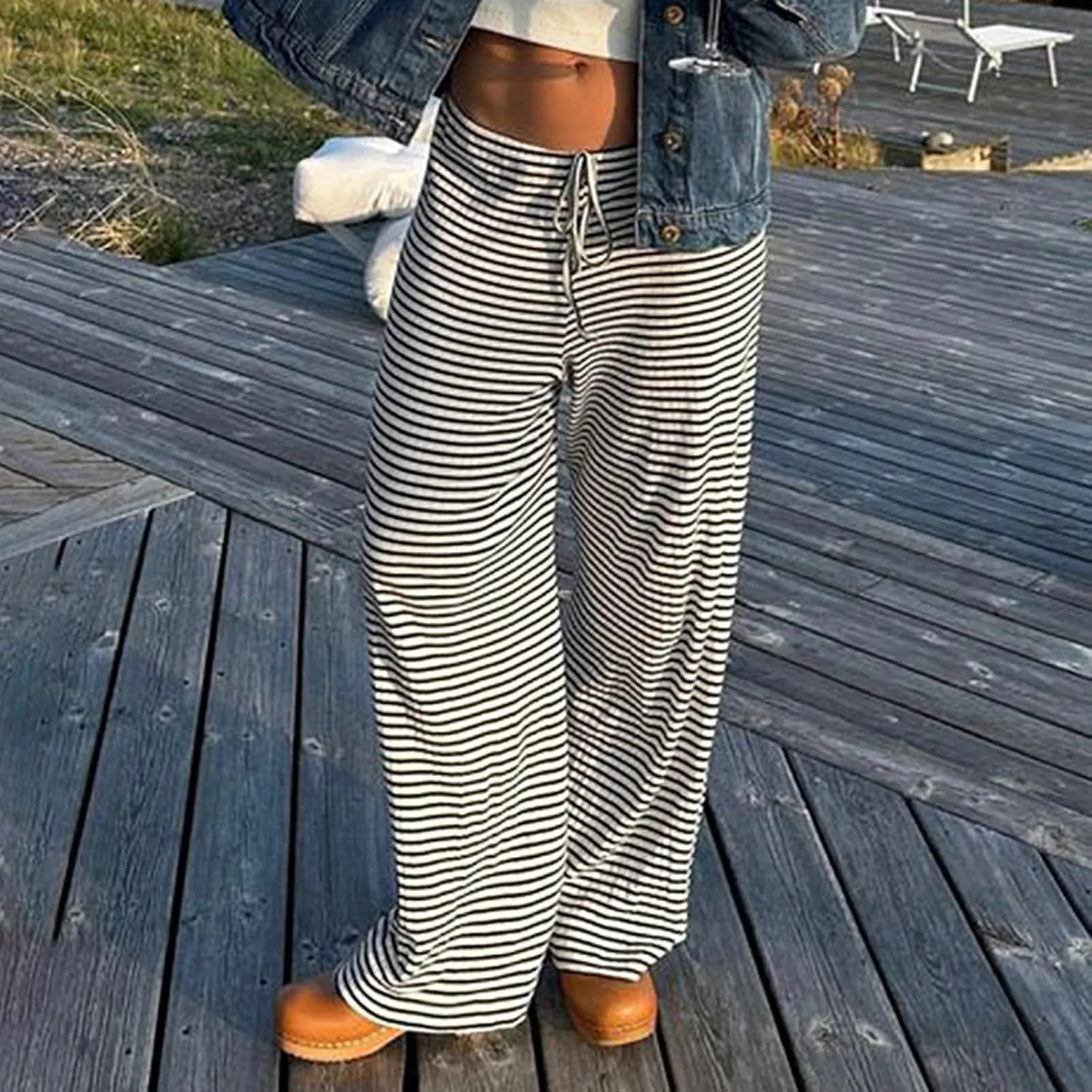 Women's Drawstring Pajama Pants Striped Casual Palazzo Wide Leg Lounge Pants Comfy Sleepwear Trousers