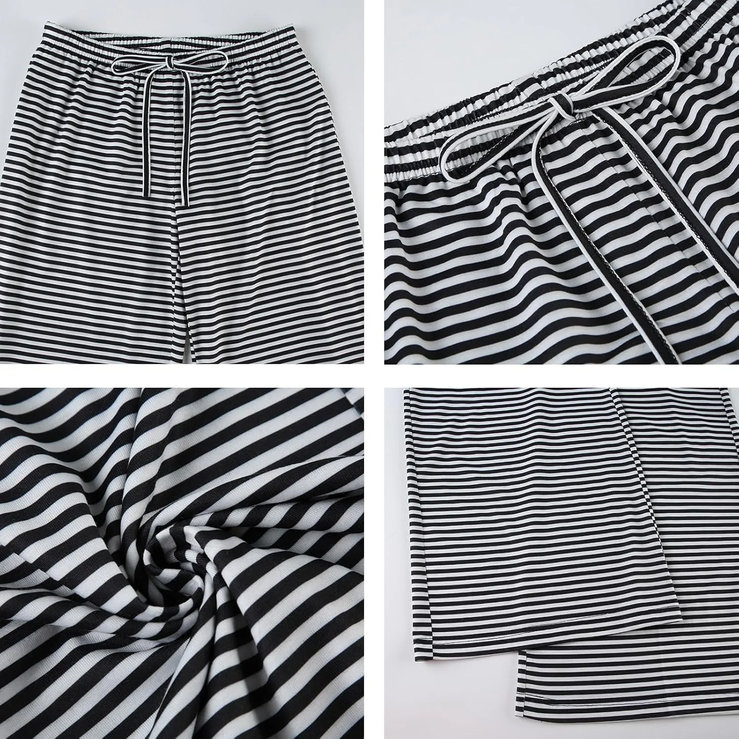 Women's Drawstring Pajama Pants Striped Casual Palazzo Wide Leg Lounge Pants Comfy Sleepwear Trousers