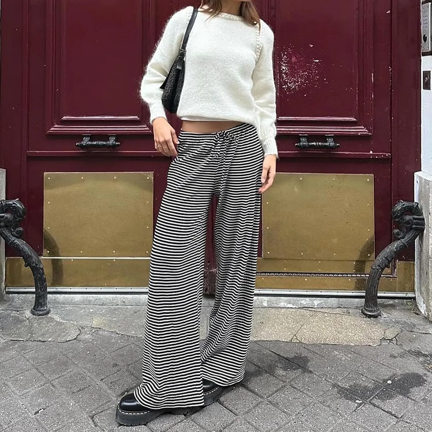 Women's Drawstring Pajama Pants Striped Casual Palazzo Wide Leg Lounge Pants Comfy Sleepwear Trousers