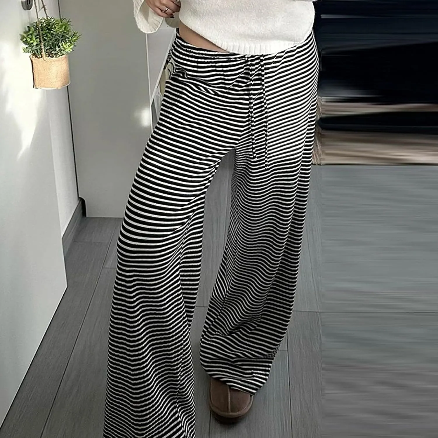 Women's Drawstring Pajama Pants Striped Casual Palazzo Wide Leg Lounge Pants Comfy Sleepwear Trousers