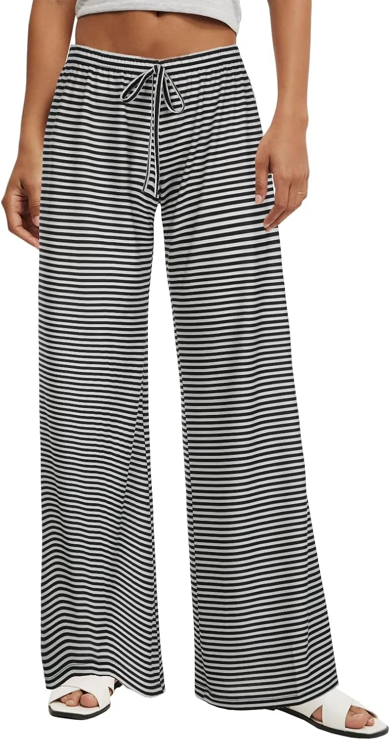 Women's Drawstring Pajama Pants Striped Casual Palazzo Wide Leg Lounge Pants Comfy Sleepwear Trousers