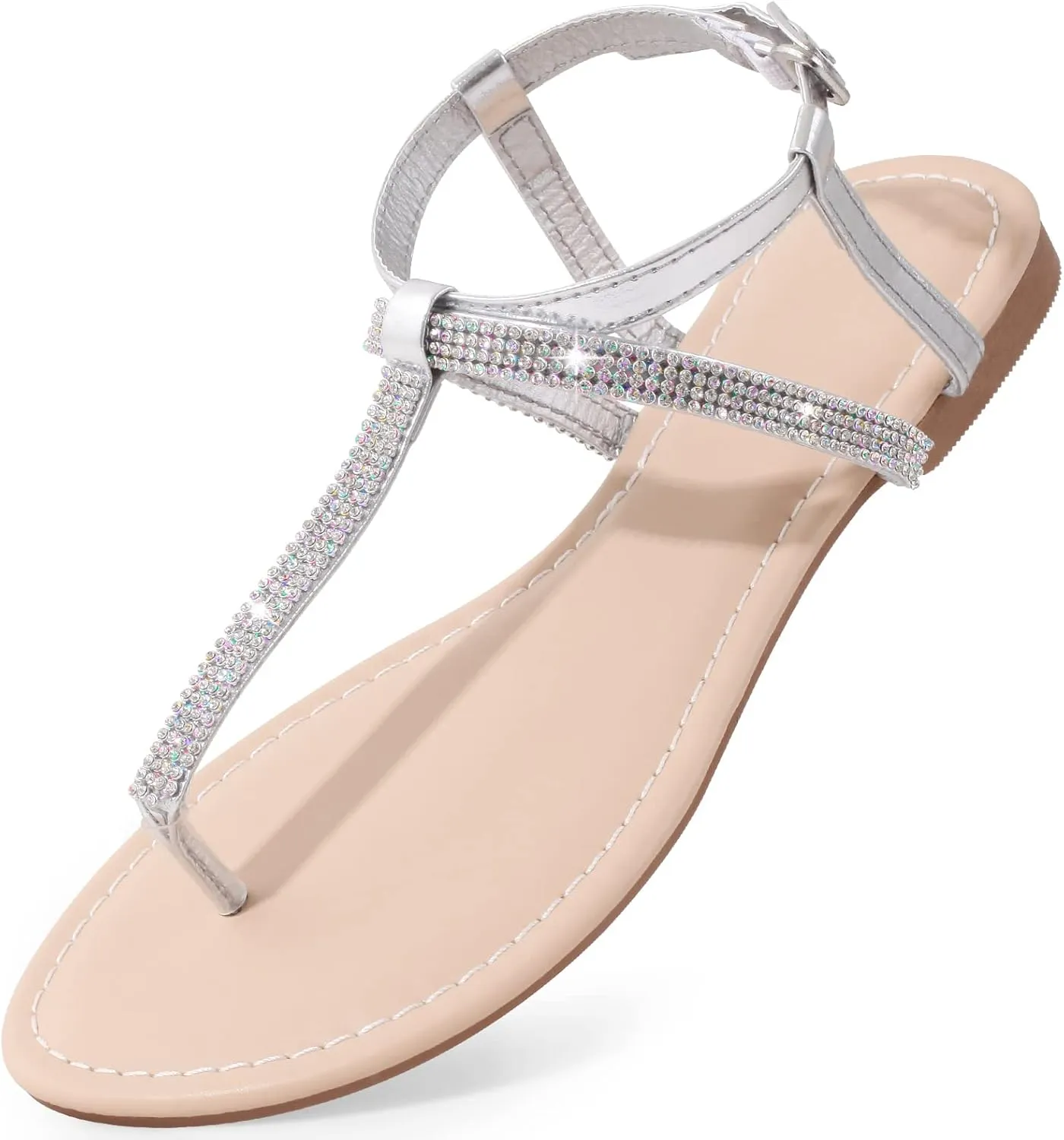 Women's Dressy Sandals Flat Glitter Comfortable Slides Rhinestone Sandals for Women Ladies Fashion Shoes