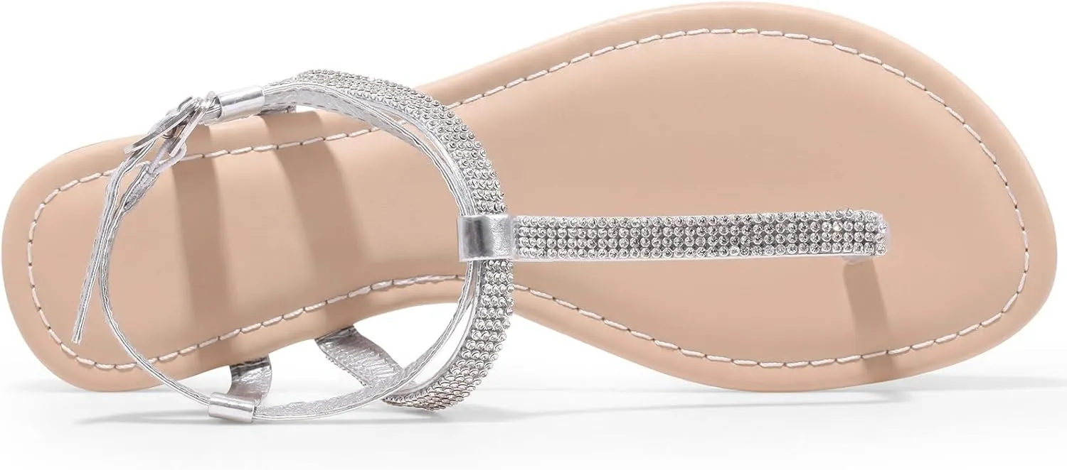 Women's Dressy Sandals Flat Glitter Comfortable Slides Rhinestone Sandals for Women Ladies Fashion Shoes