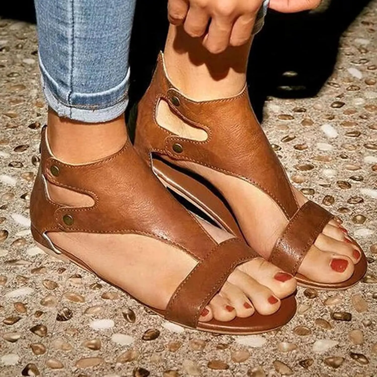 Womens Flat Sandals Ladies Summer Wedge Espadrilles Sandal Buckle Ankle Strap Peep Toe Flatform Shoes Comfy Roman Walking Shoes,Brown,US9/EU40
