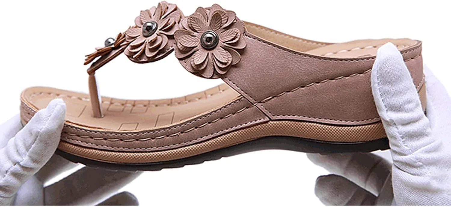 Womens Flip Flops Comfortable Orthopedic Wedge Sandals with Arch Support Wide Width Lightweight Yoga Mat Slip On Shoes Ladies Fashion Flowers Walking Slippers Indoor Outdoor