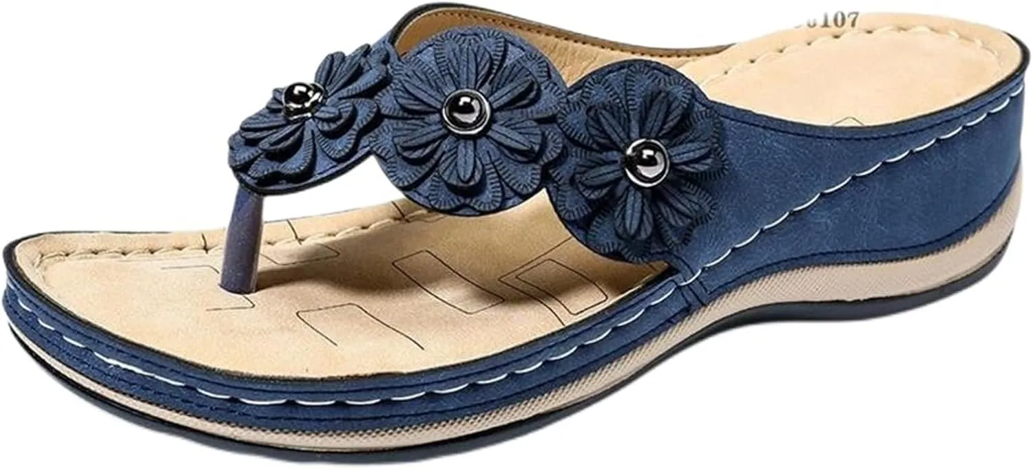 Womens Flip Flops Comfortable Orthopedic Wedge Sandals with Arch Support Wide Width Lightweight Yoga Mat Slip On Shoes Ladies Fashion Flowers Walking Slippers Indoor Outdoor