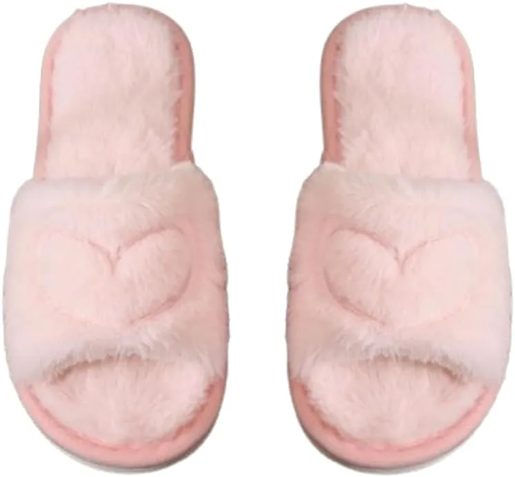 Women's Fuzzy Faux Fur Memory Foam Cozy Flat Slide Slippers Comfy Open Toe Slip on Heart Shape House Shoes Sandals