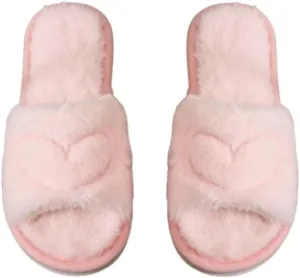 Women's Fuzzy Faux Fur Memory Foam Cozy Flat Slide Slippers Comfy Open Toe Slip on Heart Shape House Shoes Sandals