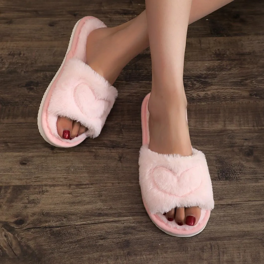 Women's Fuzzy Faux Fur Memory Foam Cozy Flat Slide Slippers Comfy Open Toe Slip on Heart Shape House Shoes Sandals