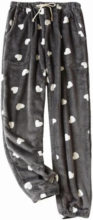 Womens Fuzzy Pajama Pants Cute Heart Sleep Lounge Bottoms Comfy Soft Long Pj Pants with Pockets