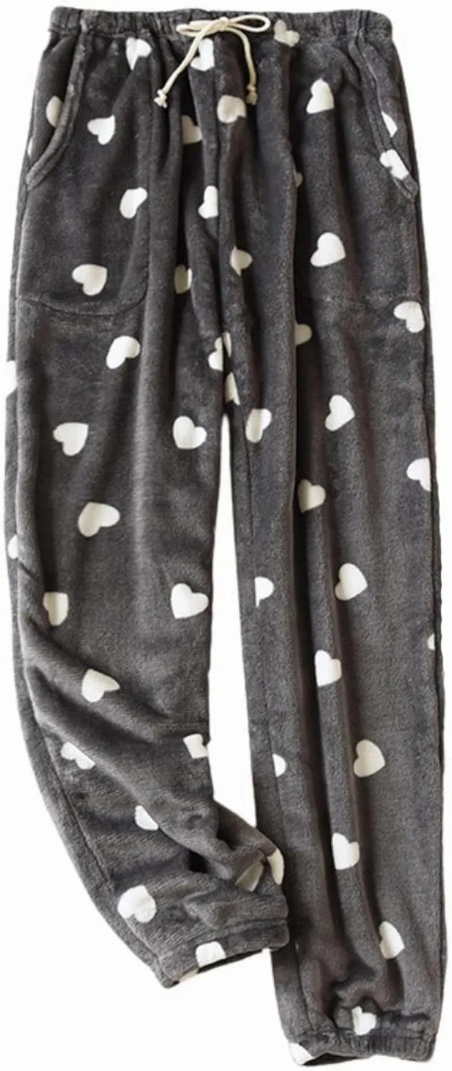 Womens Fuzzy Pajama Pants Cute Heart Sleep Lounge Bottoms Comfy Soft Long Pj Pants with Pockets