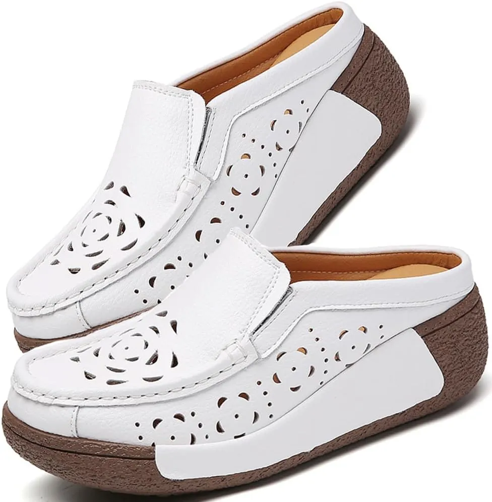 Women's Leather Closed Toe Clogs,Comfort Cutout Arch Support Softsole Slip-On Mules Loafers Slides