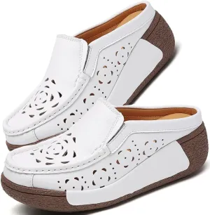 Women's Leather Closed Toe Clogs,Comfort Cutout Arch Support Softsole Slip-On Mules Loafers Slides