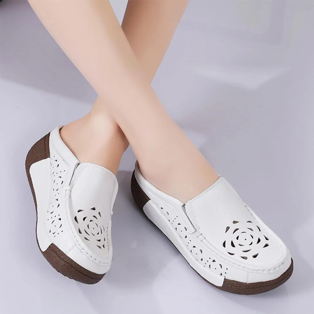 Women's Leather Closed Toe Clogs,Comfort Cutout Arch Support Softsole Slip-On Mules Loafers Slides